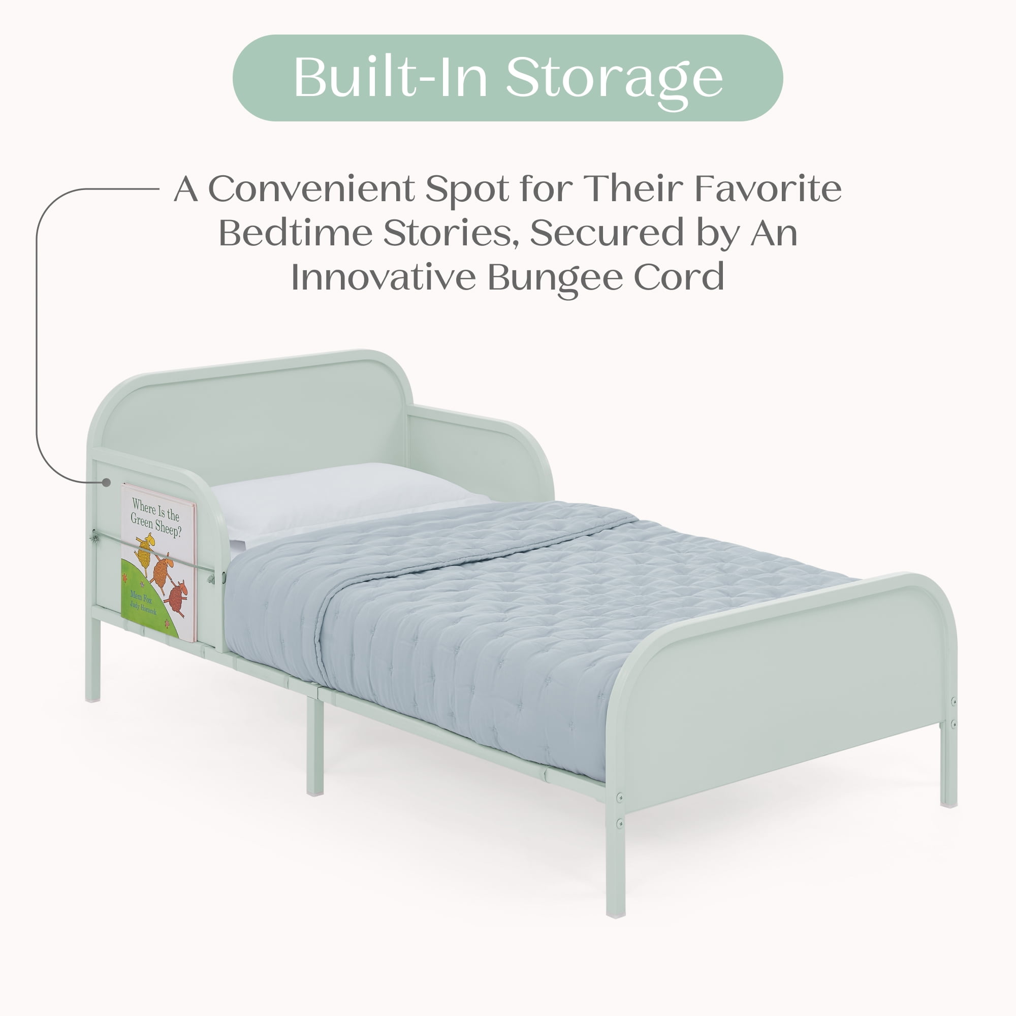 Delta Children Magic Magnet Toddler Bed with Customizable Magnets & Built-In Book Storage, Sage