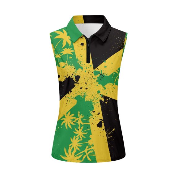 Whosucclay Jamaican Flag Print Athletic Tank Tops Shirts Workout Tank Tops for Women, Quick Dry Half Zip Collar for Golf Sports Hiking