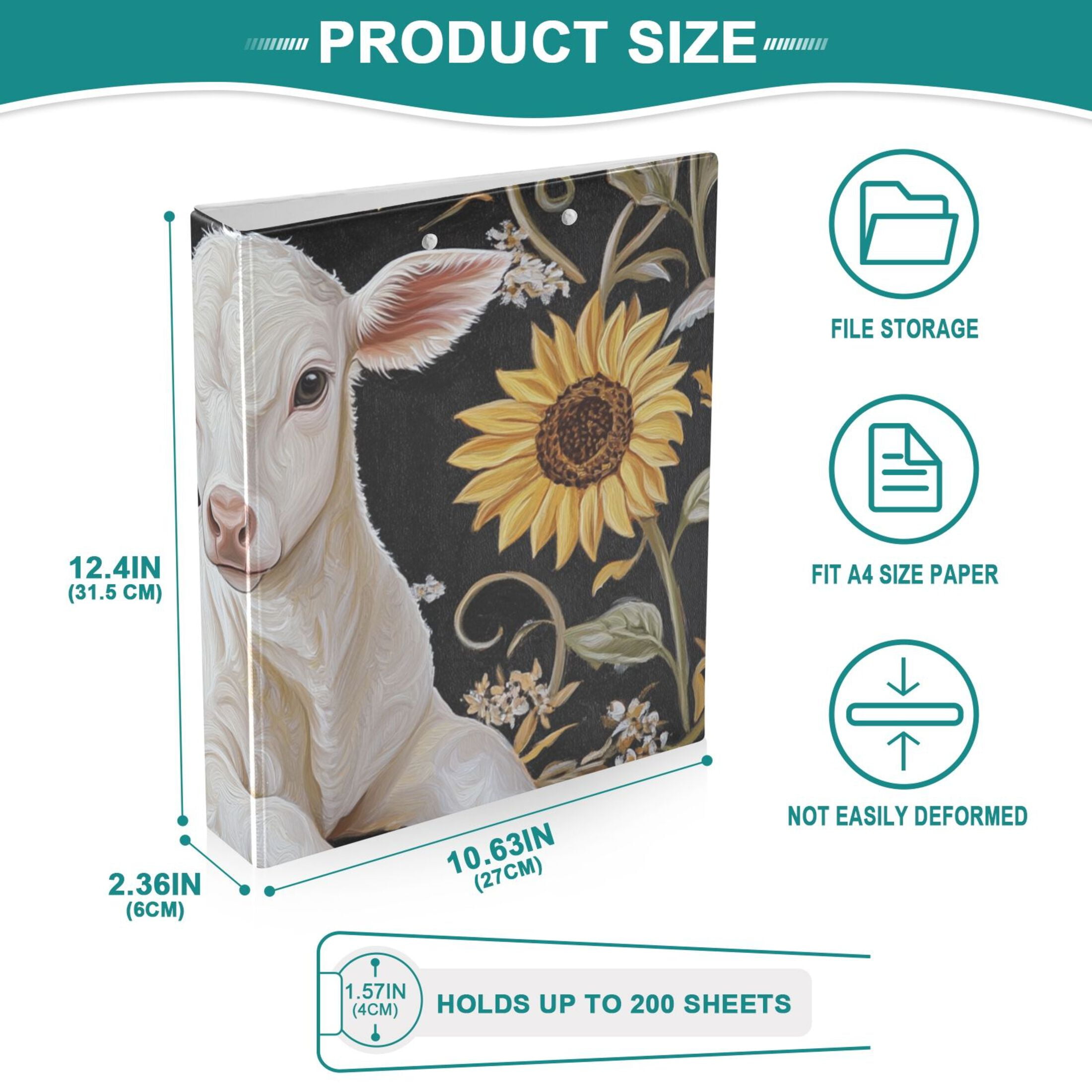 Baby Calf and Sunflowers 3 Ring Binders 1.5 inch Hardcover File Folders with Interior Pockets A4 Size Organizer for School Office Hospital