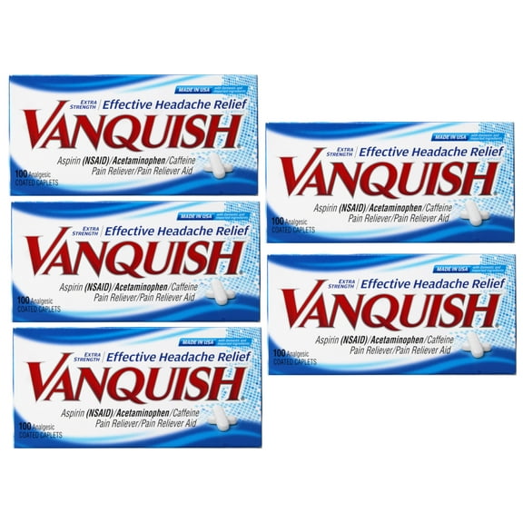 5 Pack - Vanquish Effective Headache Relief – Aspirin (NSAID), Acetaminophen, Caffeine, 100 Analgesic Coated Caplets