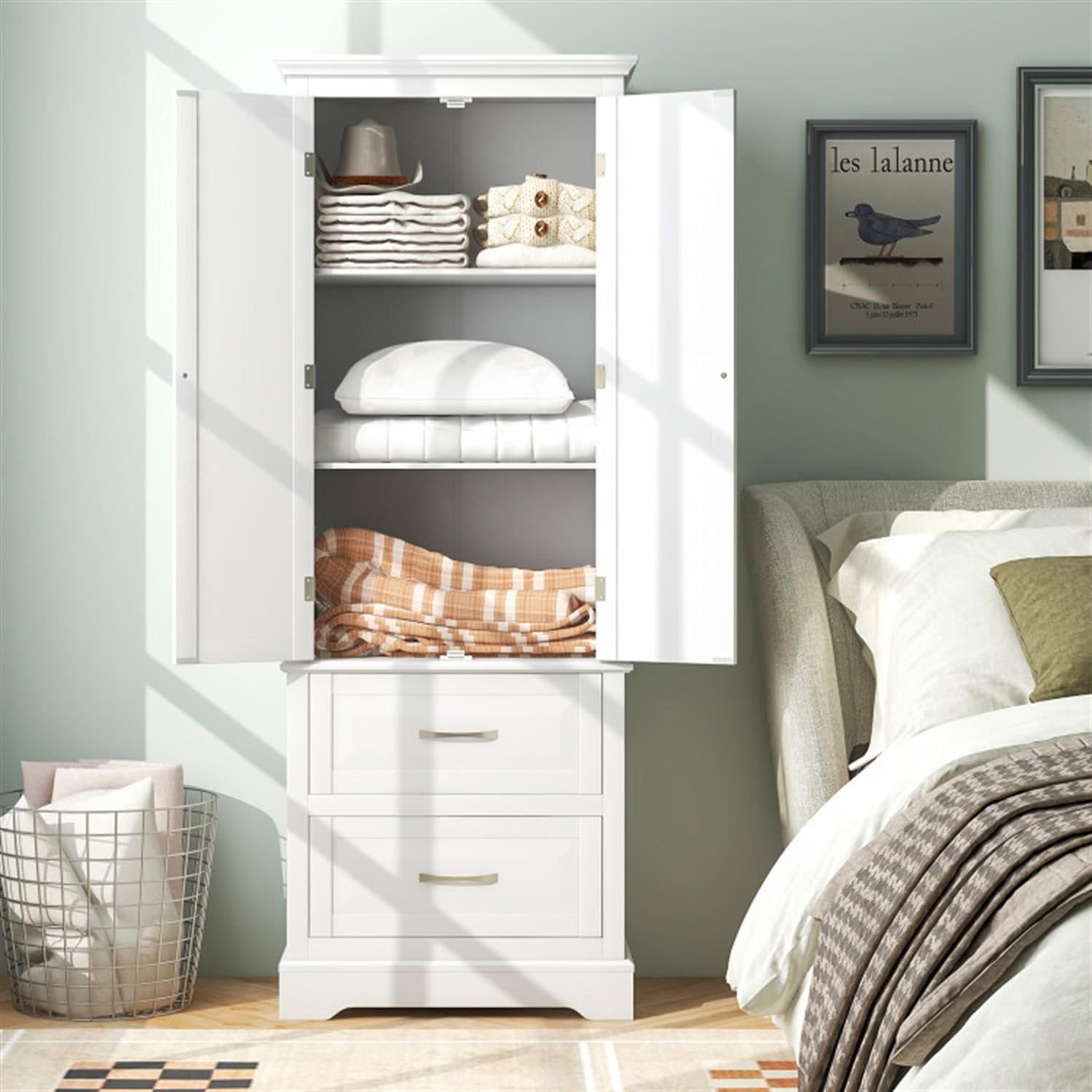 Demi Bonn 62" Tall Corner Cabinet Freestanding Bathroom Cabinet with Adjustable Shelves and 2 Drawers, Corner Cabinet for Bathroom, Kitchen, Living Room, White