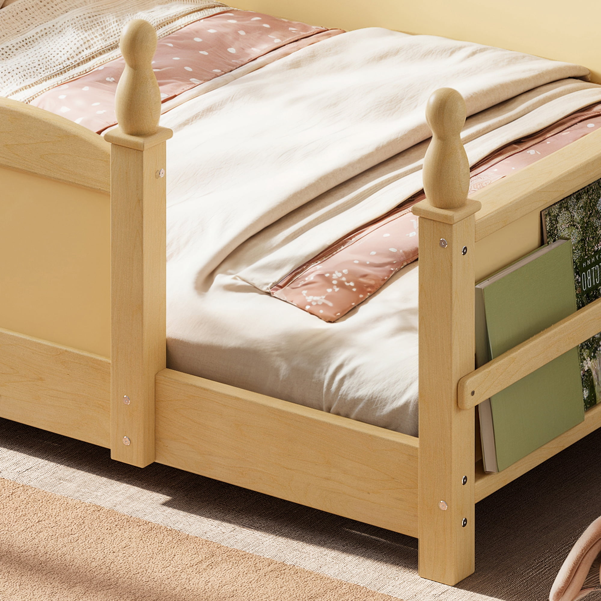 Montessori Twin Floor Bed with Full-Length Guardrails and Bookshelf, Low Profile Kids Bed with Childlike Design, Natural