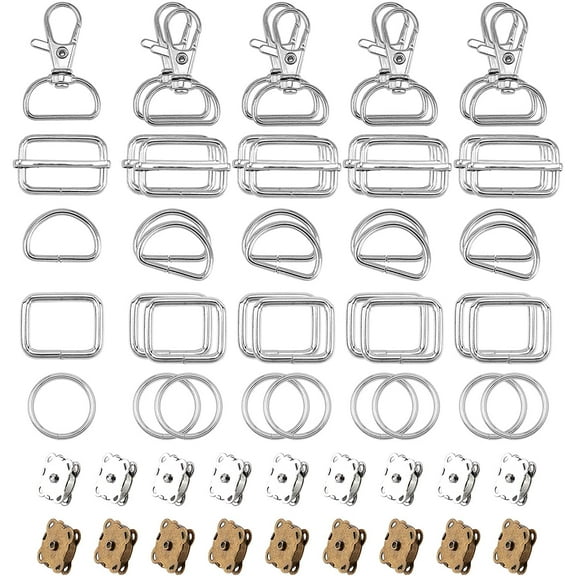 70pcs 6 styles Metal bag Clasp Kit Including 10pcs Lobster Claw Clasps 10pcs Rectangle Ring 10pcs D Rings 10pcs O Rings 10pcs Slider Buckle 20pcs Snap Clasps for DIY bag Making