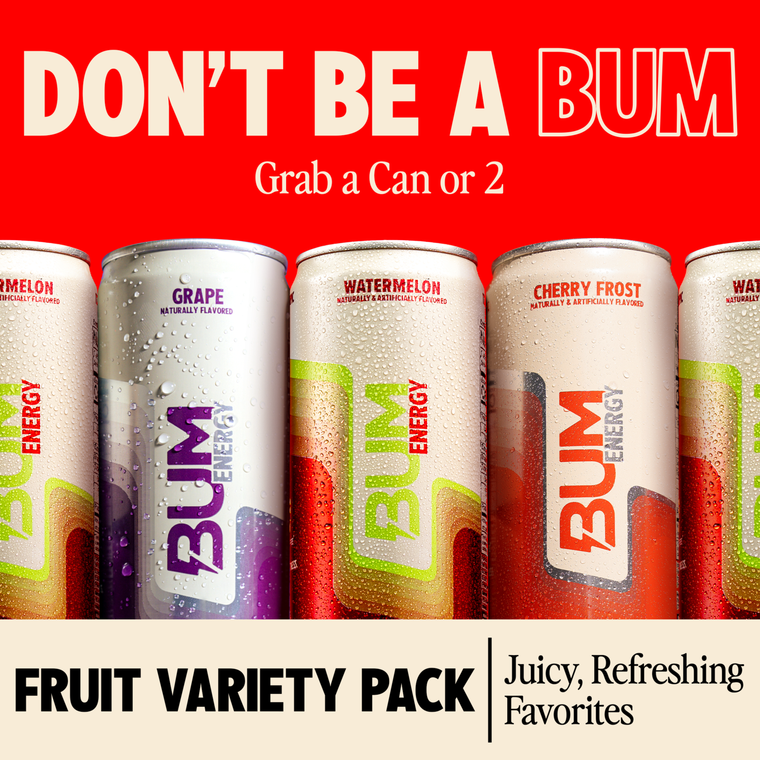 Bum Energy Fruit Pack Energy Drink, 112 mg Natural Caffeine, 12 fl oz, 12 Pack