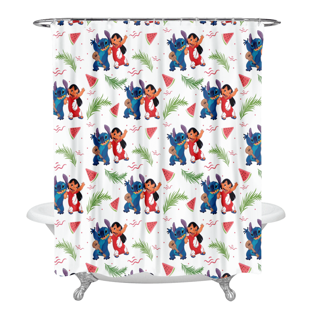 Lilo And Stitch Shower Curtain Set Cartoon Print Bathroom Decor Curtain With 12 Hooks Fabric