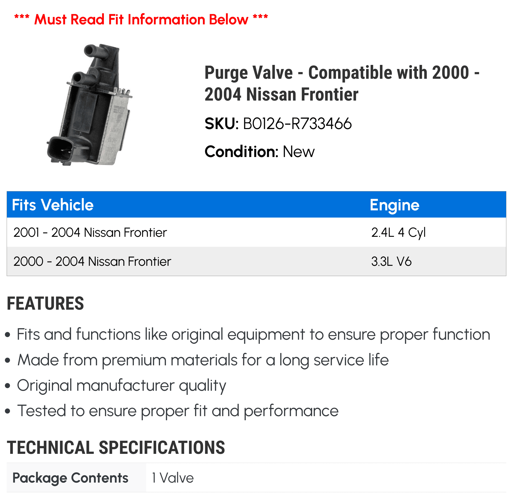 Purge Valve - Compatible with 2000 - 2004 Nissan Frontier 2001 2002 2003