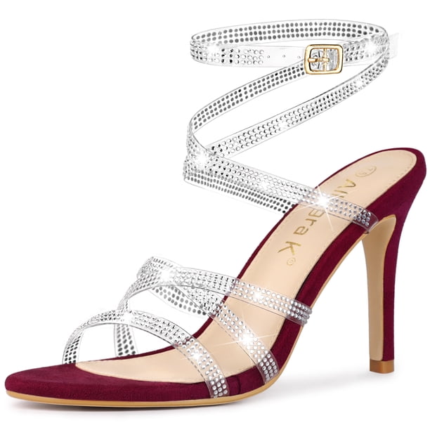 Sandalias de Tacón de Aguja Allegra K con Correa de Diamantes de Imitación Borgoña US 8.5