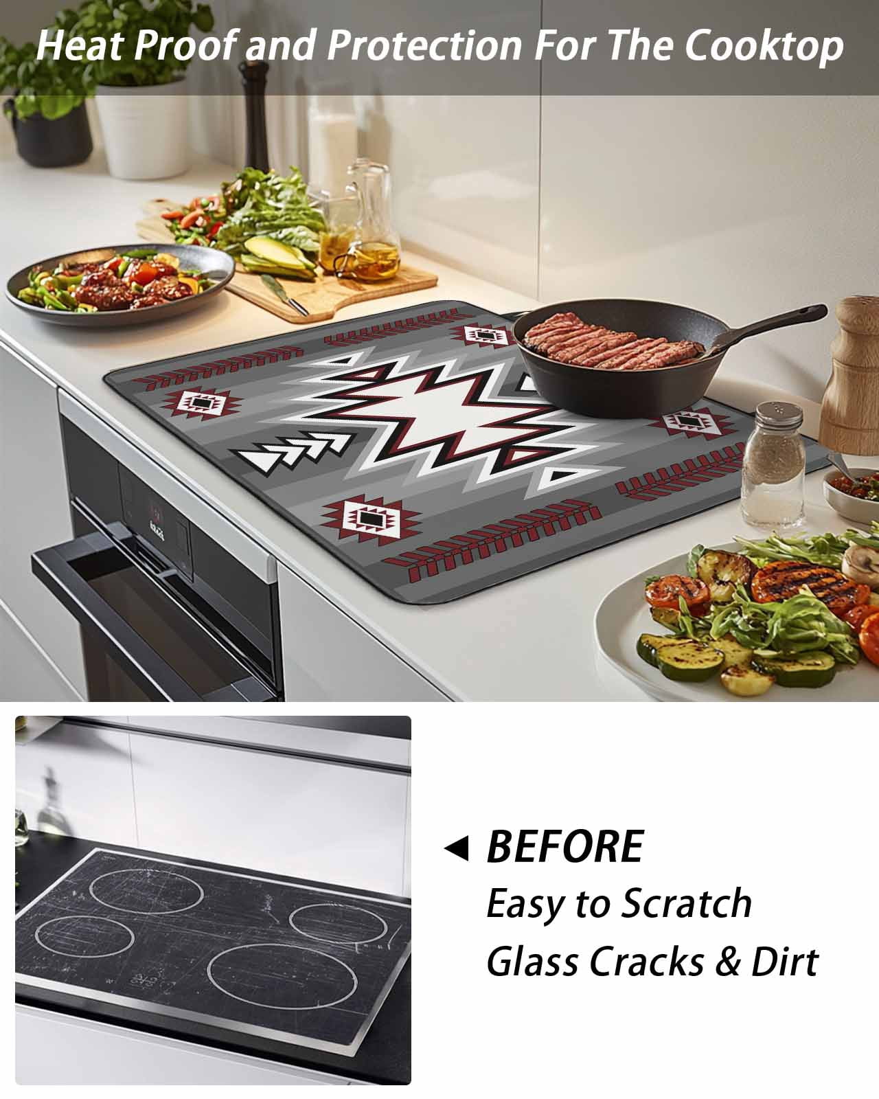 Stove Top Covers for Electric Stove, Red Gray Glass Stovetop Cover Protector, Southwest Retro Ethnic AztecTexture Bohemian Induction Cooktop Protector Oven Mat for Kitchen Countertop 24"x21"