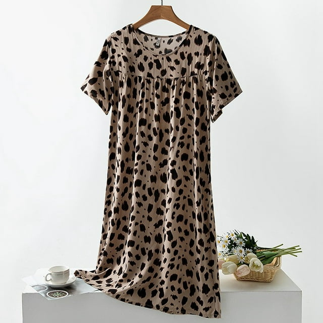 SHIXIAOO Chemise de Nuit d'Été pour Femme à Manches Courtes, Col Rond, Robe de Nuit Confortable pour la Maison, Tenue de Détente Décontractée, Robe de Sommeil Imprimée, Robe de Nuit Sans Manches à Motif Floral, Grande Taille, Chemise Boyfriend, Pyjama