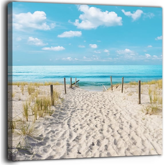 VELVET Beach Scene Bathroom Wall Art Beach Path Artwork Blue Sea Seascape Canvas Wall Decor Shoreside Seaside Coastal Print Pictures Home Bedroom Kitchen Ready To Hang 14x11inch Framed