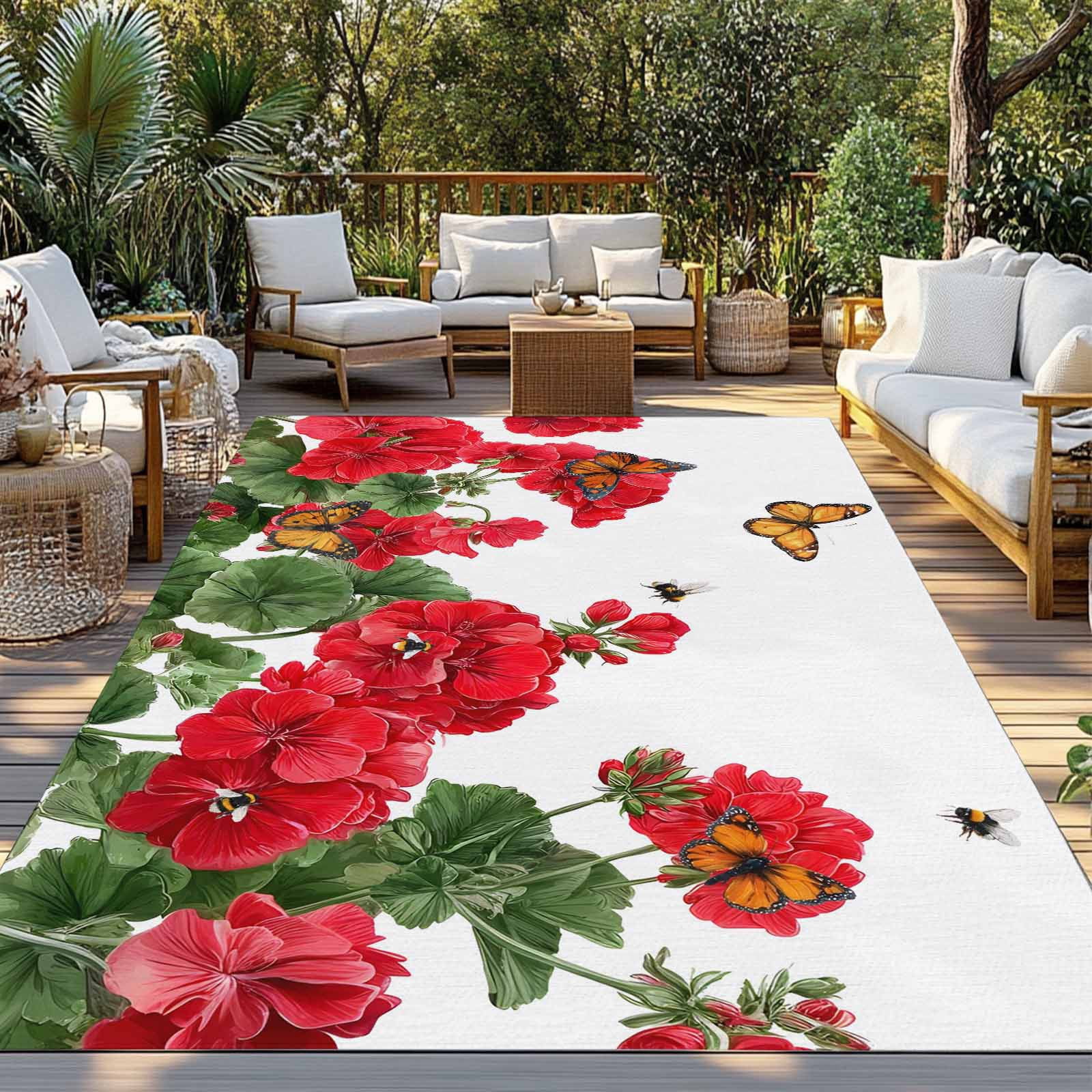 Red Spring Floral Outdoor Rug for Patio/Deck/Porch, Non-Slip Large Area Rug 4 x 6 Ft, Butterfly Farmhouse Indoor Outdoor Rugs Washable Area Rugs, Reversible Camping Rug Carpet Runner