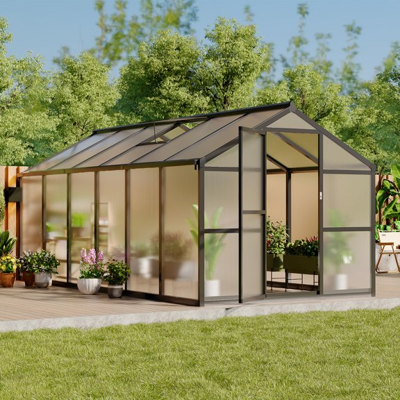 8x10/8x12 Ft Greenhouse, Polycarbonate Greenhouse with Adjustable Roof Vent for Outdoors, Aluminum Large Walk-in Greenhouse for Outside Garden, Backyard, Patio, Lawn