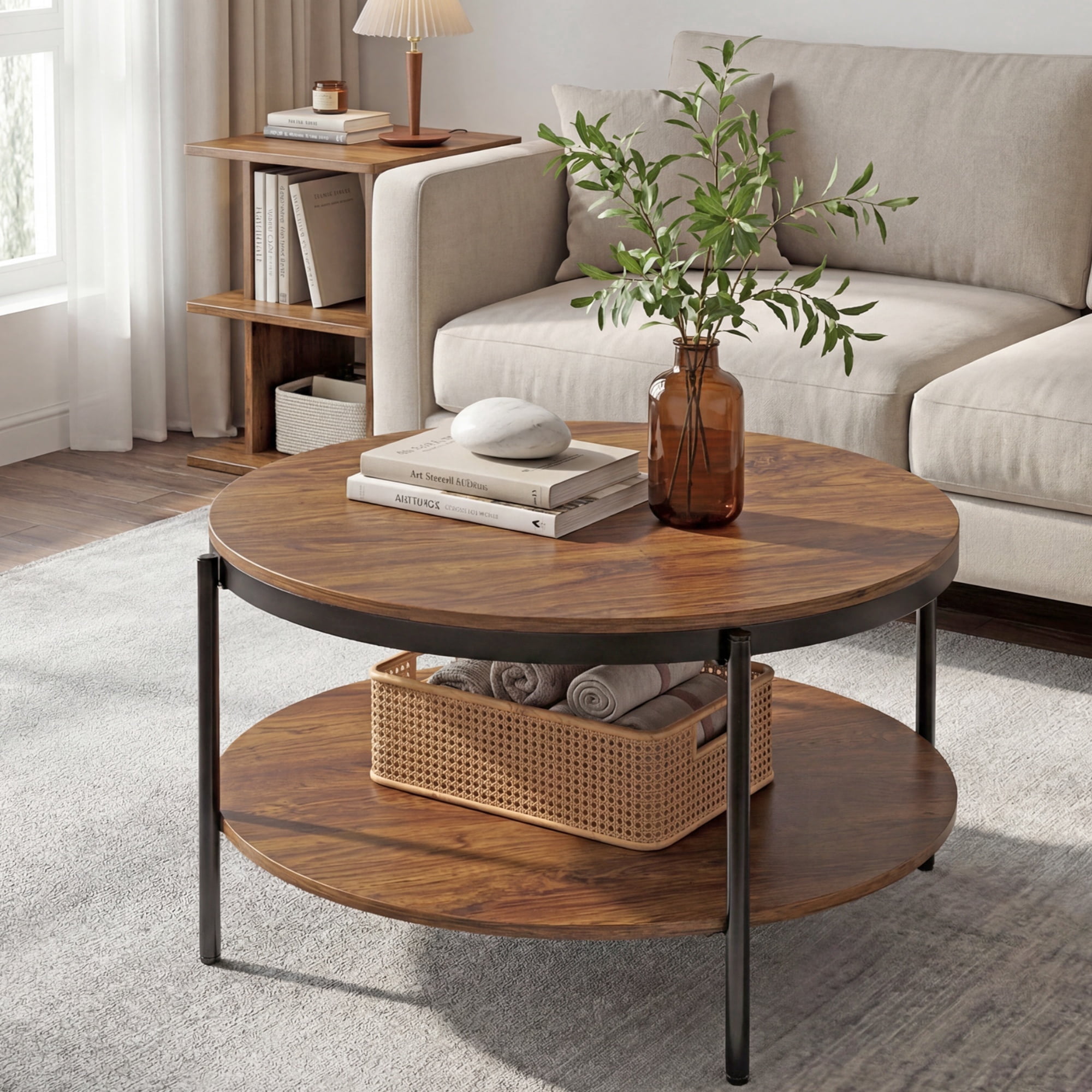 Manxile Round Coffee Table with Storage for Living Room,Mid Century Center Table-2 Tier Design,Red Oak