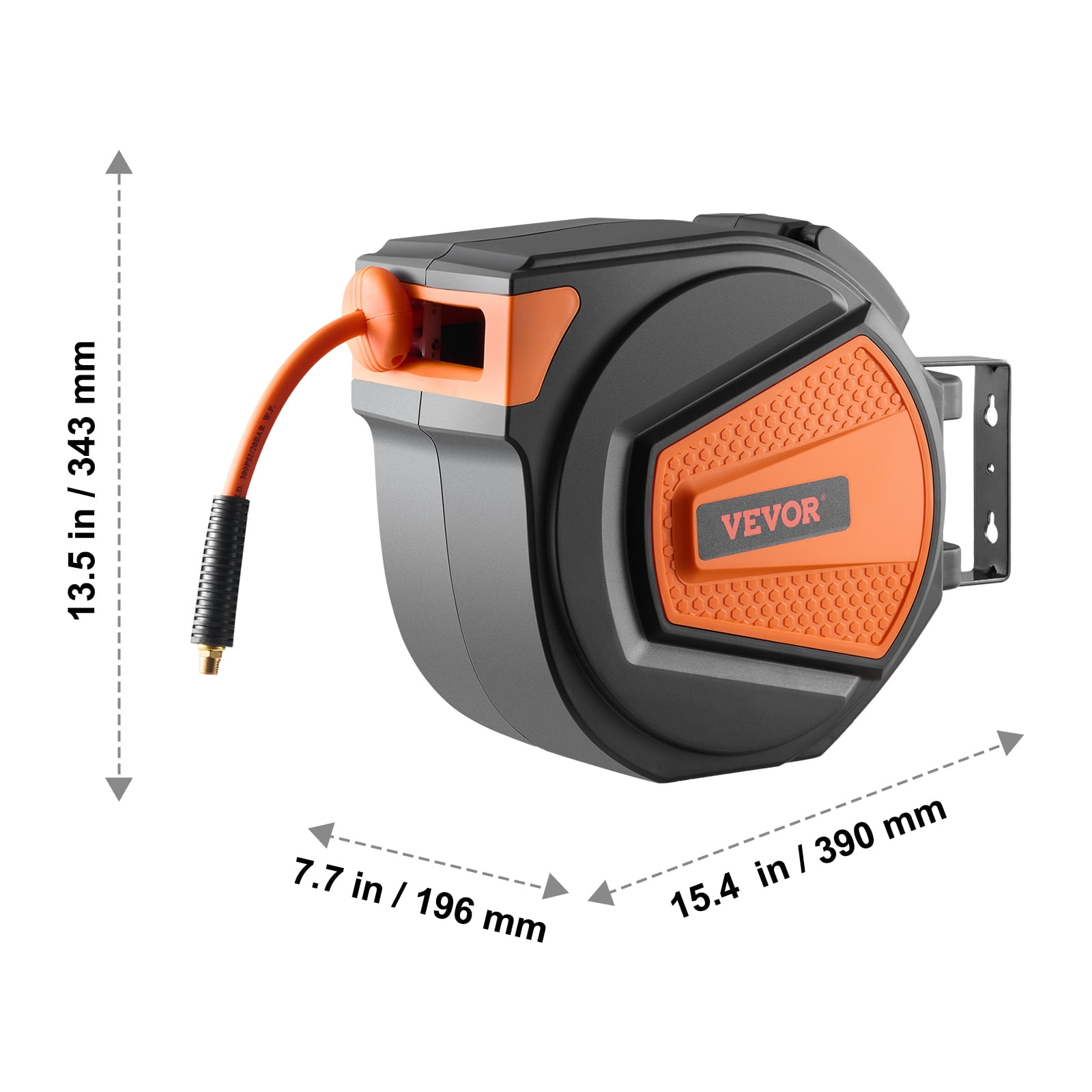 VEVOR Retractable Air Hose Reel, 3/8IN x 65FT Hybrid Air Hose Max 300PSI, Air Compressor Hose Reel Auto-Rewind with 6.6 FT Lead in, Ceiling/Wall Mount Enclosed PP Reel & Built-in 180° Swivel Bracket