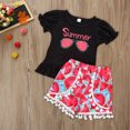 thumbnail image 2 of Futezty Girls Summer Outfits, 4th of July Baby Girl Outfits Toddler KIds Girl Clothes Soild Ribbed Ruffle Sleeve Top Floral Prints Bowknot Pants Shorts Headband 3PCs Outfit Set, 2 of 7