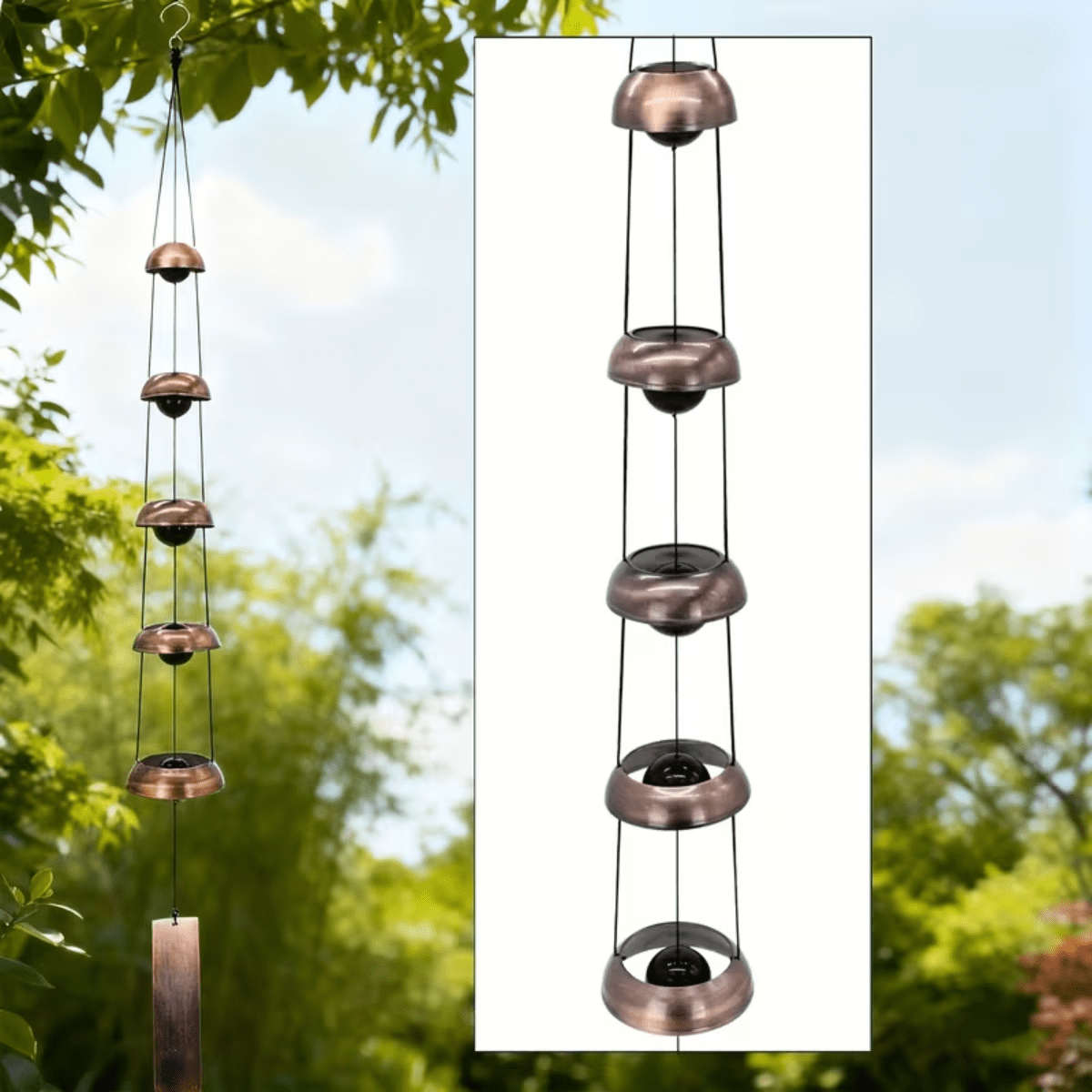 1Pc Wind Chimes for Outside, Red Copper Temple Windchimes with 5 Bells, Feng Shui Decor for Patio Lawn Garden Home Outdoor Art