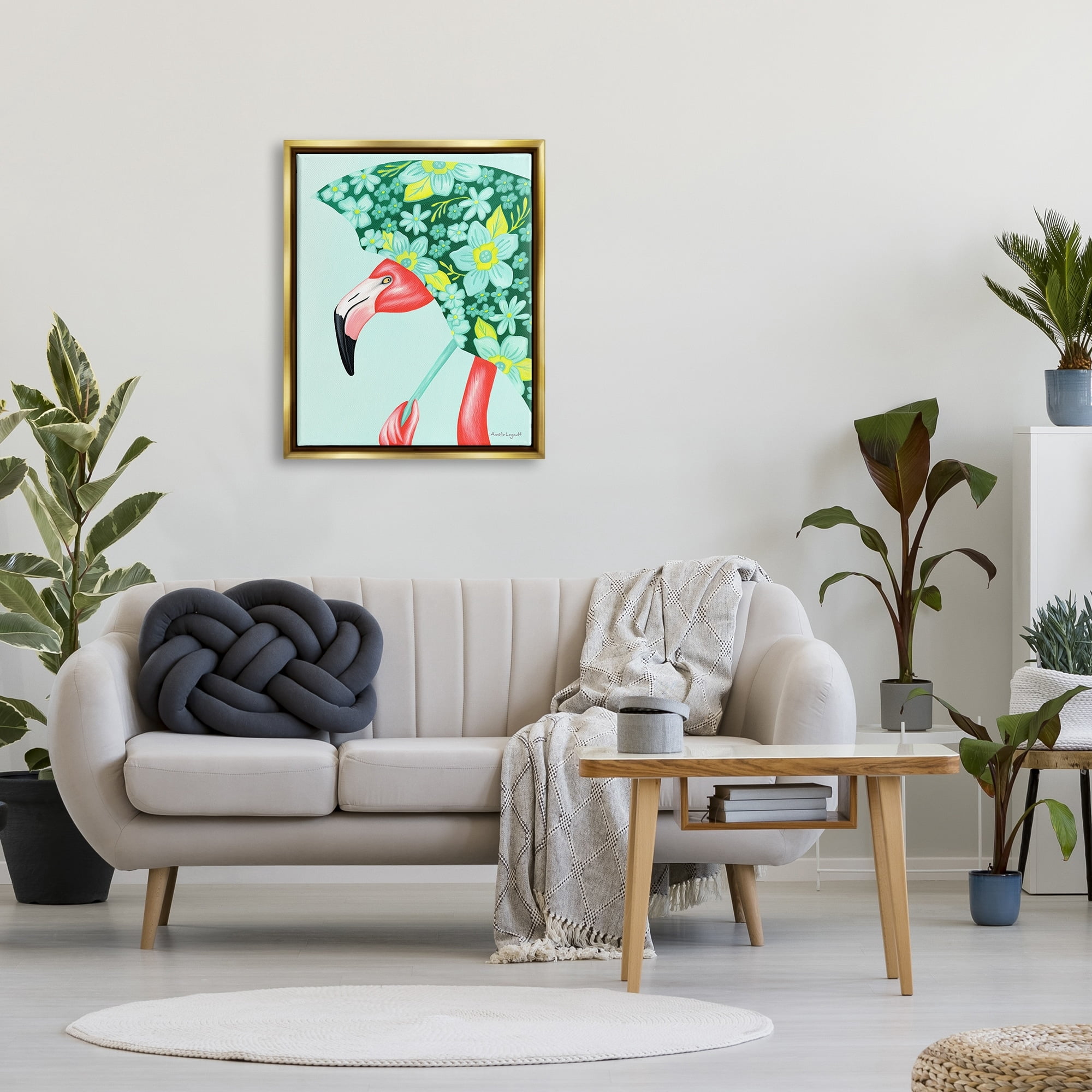 Stupell Industries Summery Pink Flamingo Floral Petal Patterned Umbrella Graphic Art Metallic Gold Floating Framed Canvas Print Wall Art, Design by Amelie Legault