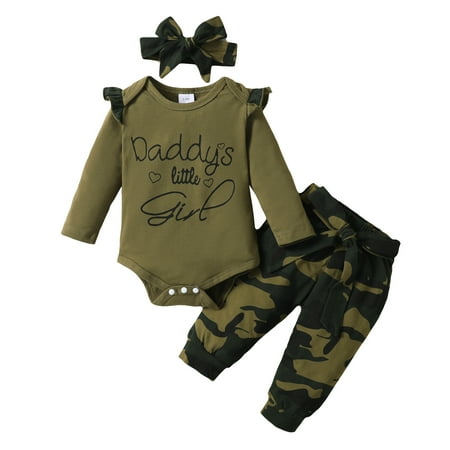 

KIMI BEAR Baby Girls Romper Outfits 0 Months Newborn Girls Fall Winter Clothing Set Casual Letter Print Long Sleeve Jumpsuit Camouflage Pants Headband 3PCs Set 0-3 Months Army Green