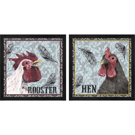 Great Art Now White Rooster by Jade Reynolds, 2 Piece Framed Art Set Each 13.25"W x 13.25"H