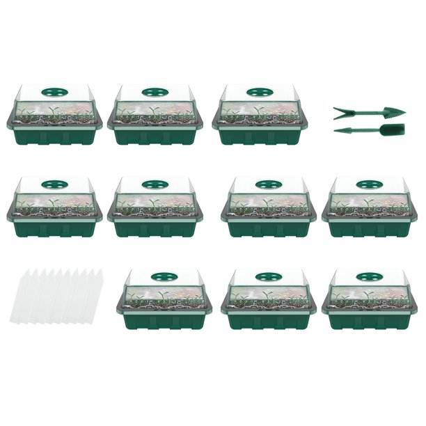 Biodegradable Seedling Starter Kit - 10 Pots, 6 Trays (72 Cells), Wood Labels & Tools - 100% Recycled Paper Pulp
