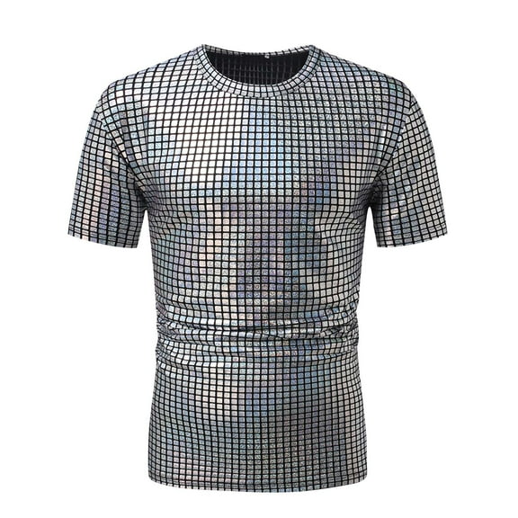 fatyb Sequin T-Shirts for Men Round Neck Short Sleeve Glitter Tee Tops Mens Sparkly Party Clubwear Tshirts