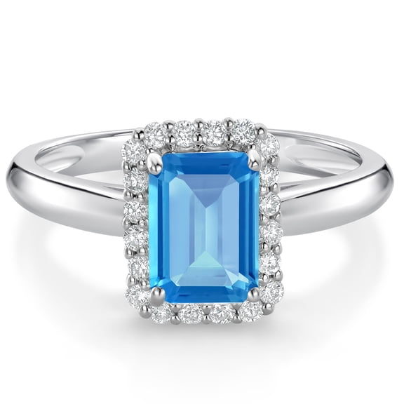 Gem Stone King 1.13 Ct Emerald Cut Swiss Blue Topaz G/H Lab Grown Diamond 10K White Gold Halo Engagement Ring (Size 7)