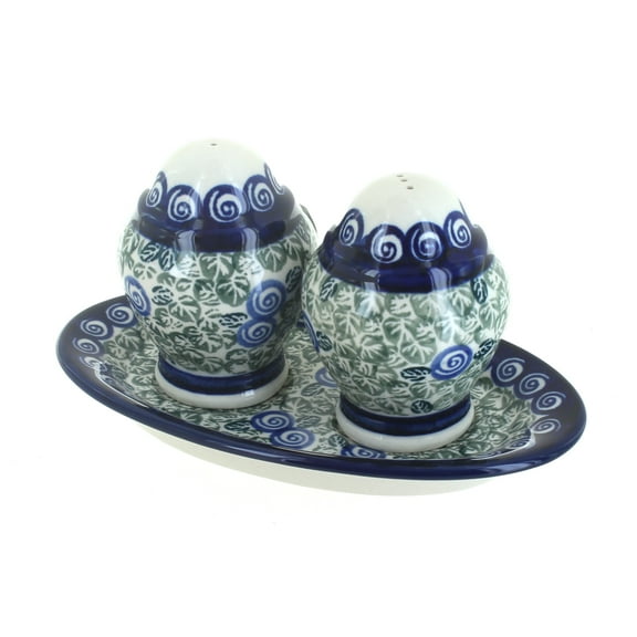 Blue Rose Polish Pottery Seaside Swirl Salt & Pepper Shakers with Plate