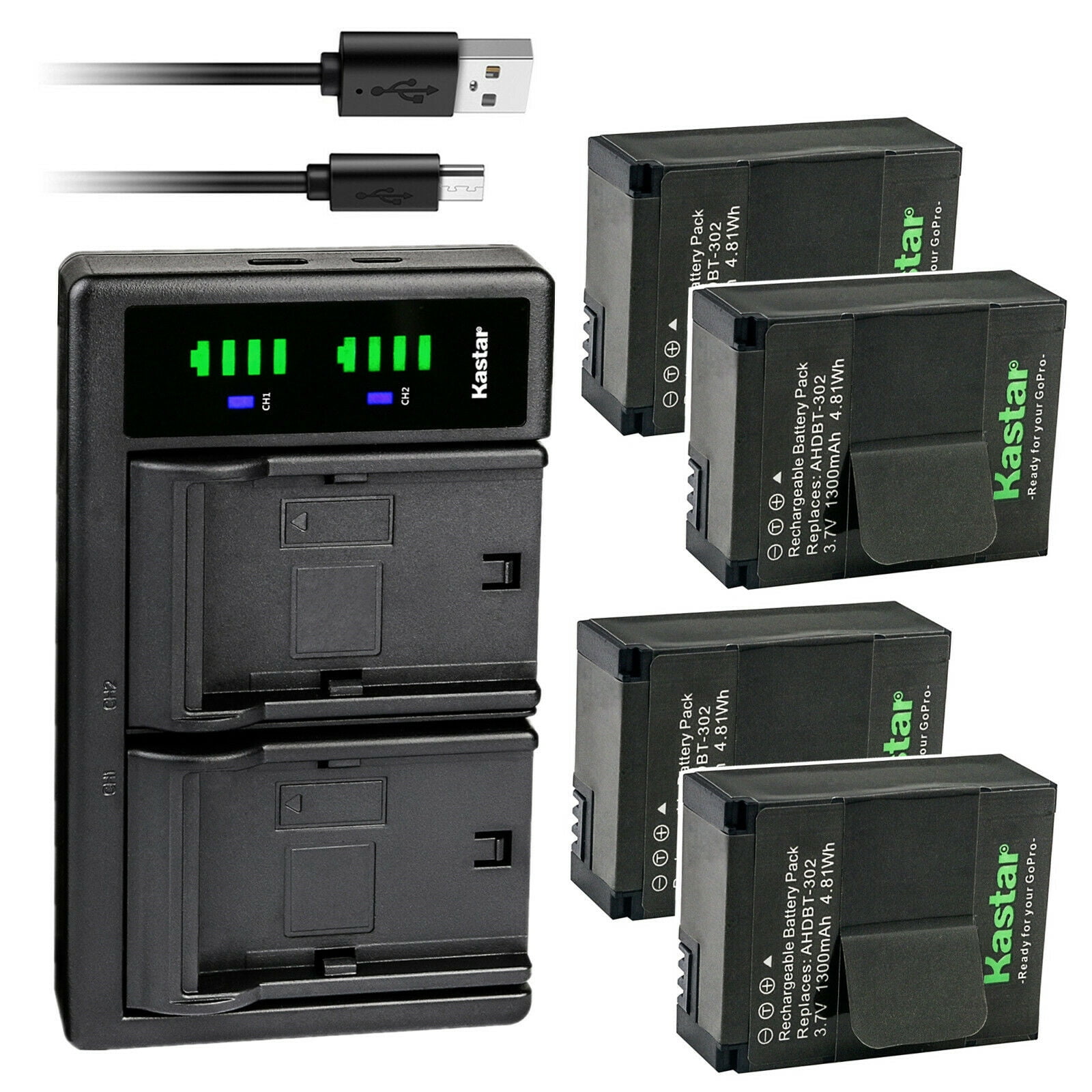 Kastar 4-Pack Battery and LTD2 Charger Replacement for GoPro AHDBT-201 AHDBT-301 AHDBT-302 GoPro HD HERO3 White Edition GoPro HD HERO3 Silver Edition GoPro HD HERO3 Black Edition Gopro 3 Gopro3