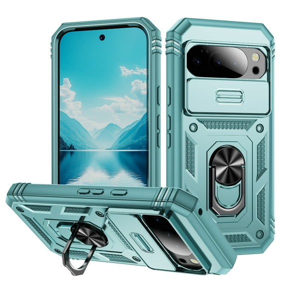 Rugged for Google Pixel 10 /10 Pro Case with Camera Lens Sliding Cover Protective Phone Case with Rotated Ring Stand, Heavy Duty Shockproof Magnetic Car Mount Case for Google Pixel 10 /10 Pro, Green