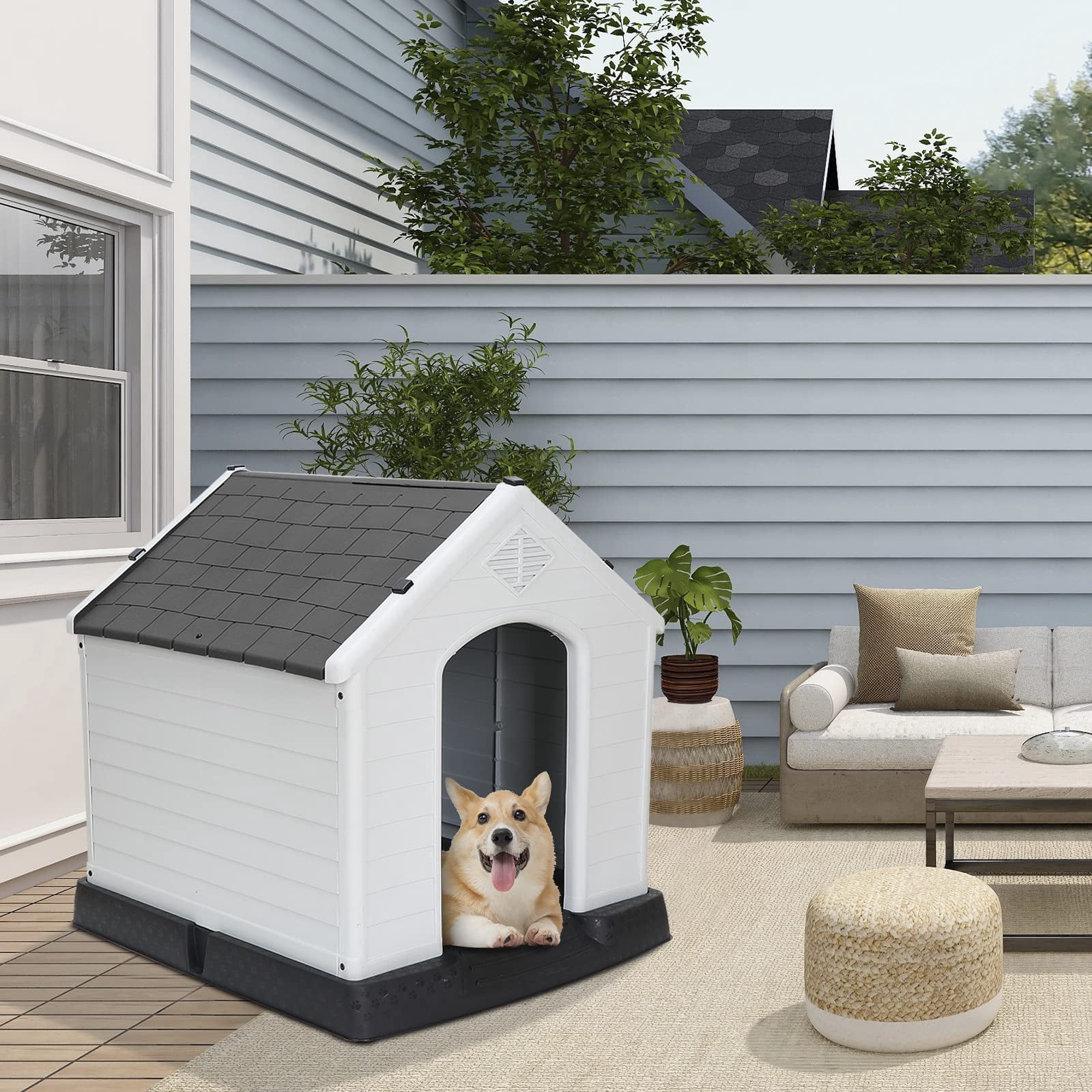 Large Dog House Indoor Outdoor Durable Plastic Kennel with Insulated Walls Air Vents Elevated Floor for Medium Big Dogs, Grey