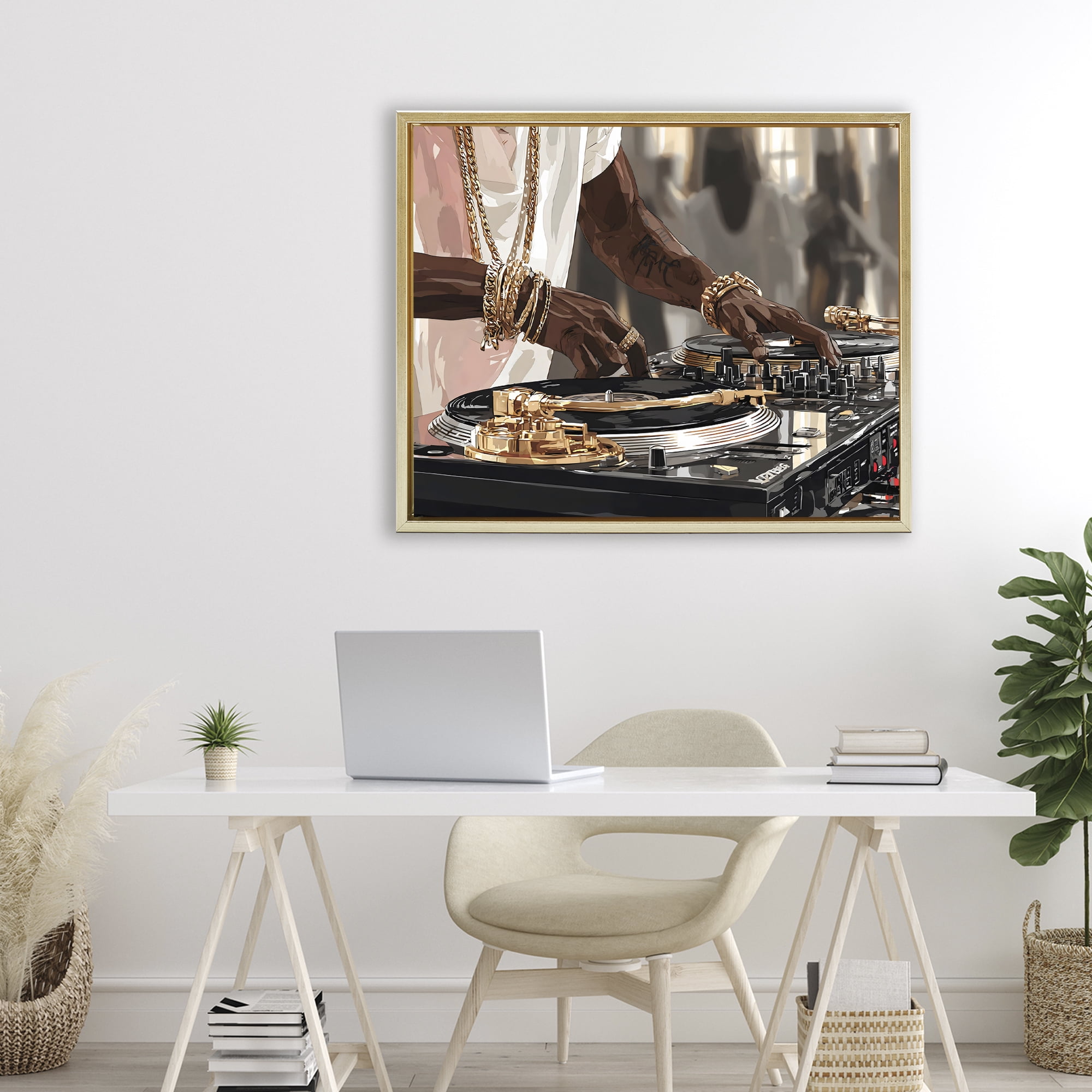 Stupell Industries Golden Sound DJ Turntables Gold Framed Floater Canvas Wall Art, design by Franklyn Gregory