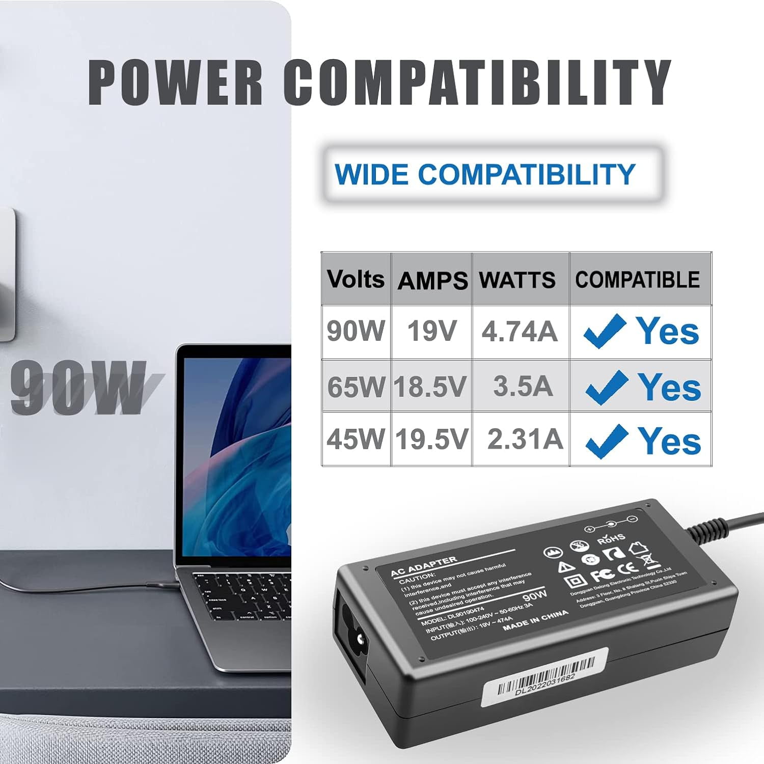 90W 65W AC Charger for HP Pavilion All-in-One Computer Desktop 24” 22” 22-DD 24-DD 24-DF 22-dd0010 22-dd0210 24-dd0210 24-dd0010 Pavilion DV7 DV6 DV4 DV5 DM4 Notebook Power Cord with 7.4mm Tip
