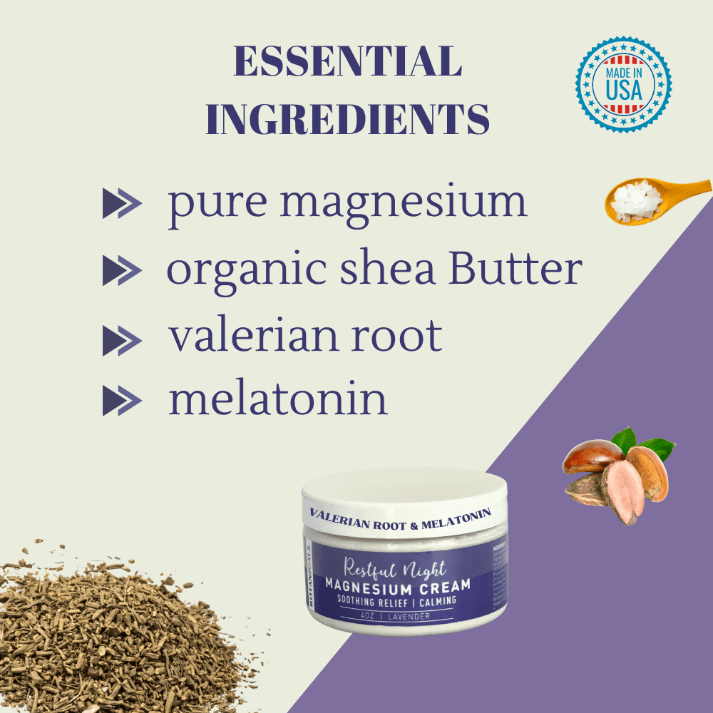 Botanicals Restful Night Magnesium Cream, Apply to Arms, Legs, Chest or Back with Valerian Root & Melatonin, Lavender Scented, 4 oz, Natural Soothing Relief, Made in the USA