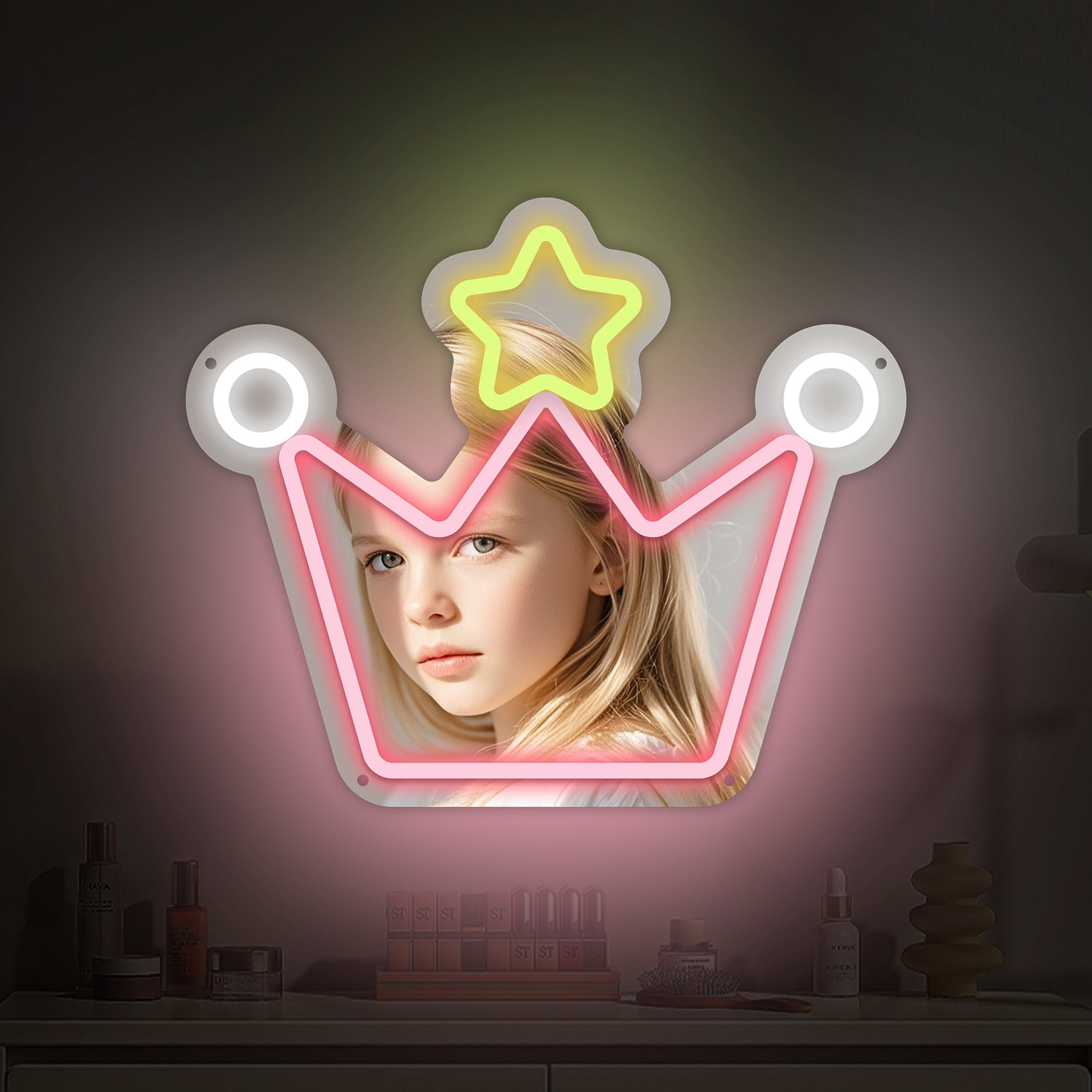 Anime Crown Mirror with Light Neon Signs for Wall Decor, Neon Mirror with Dimmable for Teen Girls Gift，Makeup Mirror Neon Signs Cute Acrylic Mirror for Girls Room