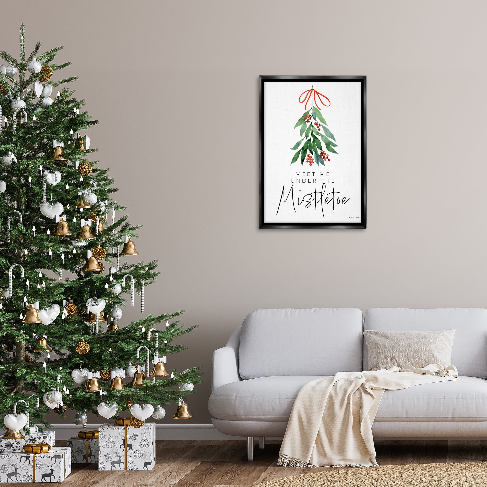 Stupell Industries Meet Me Under Mistletoe Holiday Painting Black Floater Framed Art Print Wall Art, 21 x 31