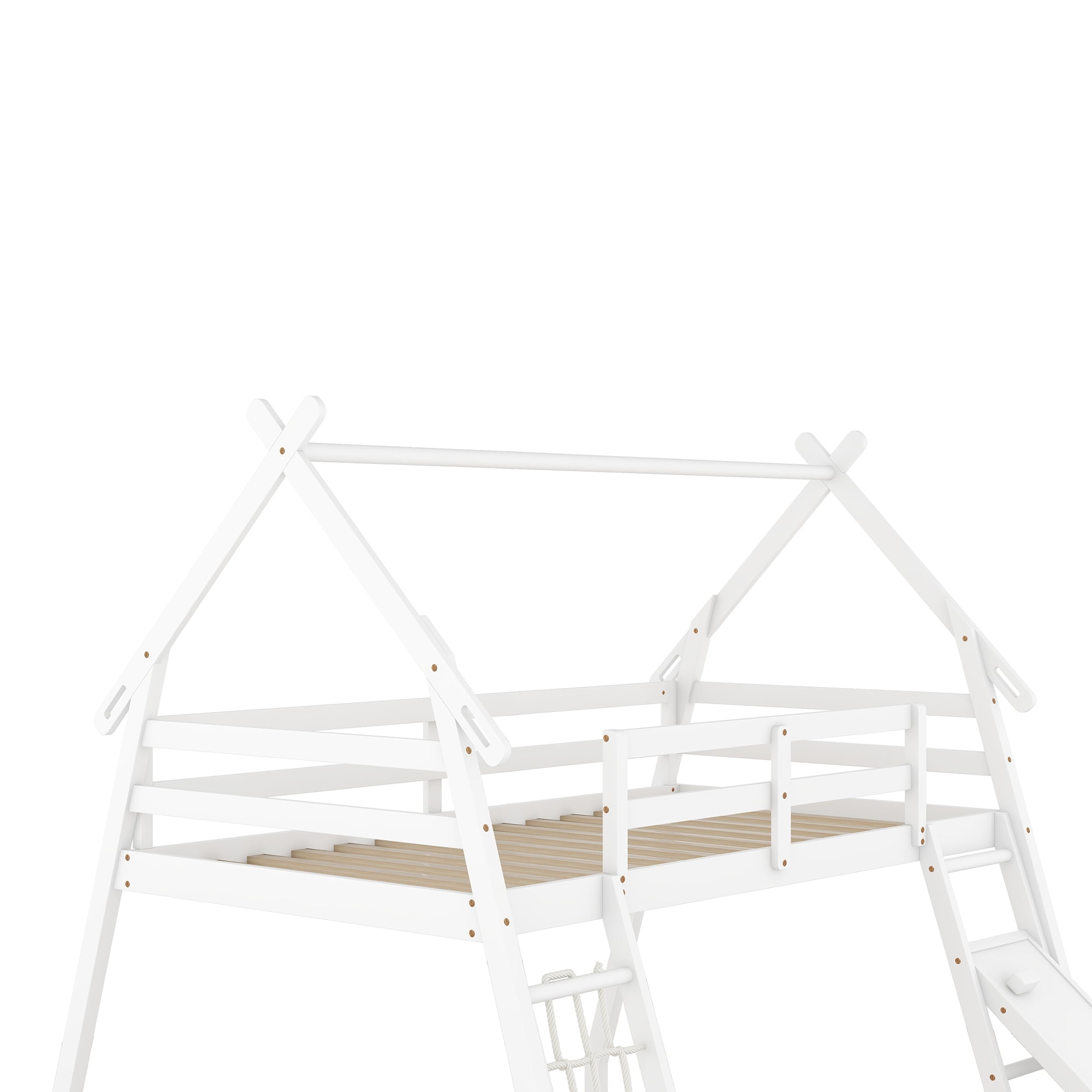 Euroco Twin over Queen Bunk Bed with Climbing Nets and Ramp for Kids Teens Bedroom, White