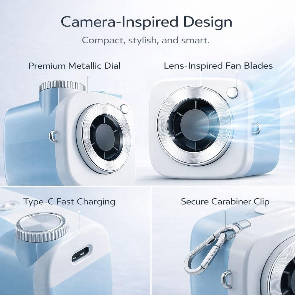 Mini Camera Shaped Portable Fan, Small Personal Quiet Desk Fans with 199-Speed Turbo Cooling,Cute Compact Handheld Clip on Fan Strong Airflow That Blow Cold Air for Car Outdoor Office Desk Use