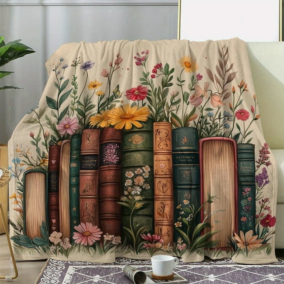 [Soft Vintage Flannel Throw Blanket] Vintage Floral and Book Print Flannel Throw Blanket, Soft, Cozy, Comfortable, Digital Print Polyester Knit, with for Sofa, Bed, Office