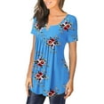 thumbnail image 3 of QELUSQELUS Women T-Shirt Short Sleeve Buttons Round Neck Pleated Floral Daytime Blouse, 3 of 4