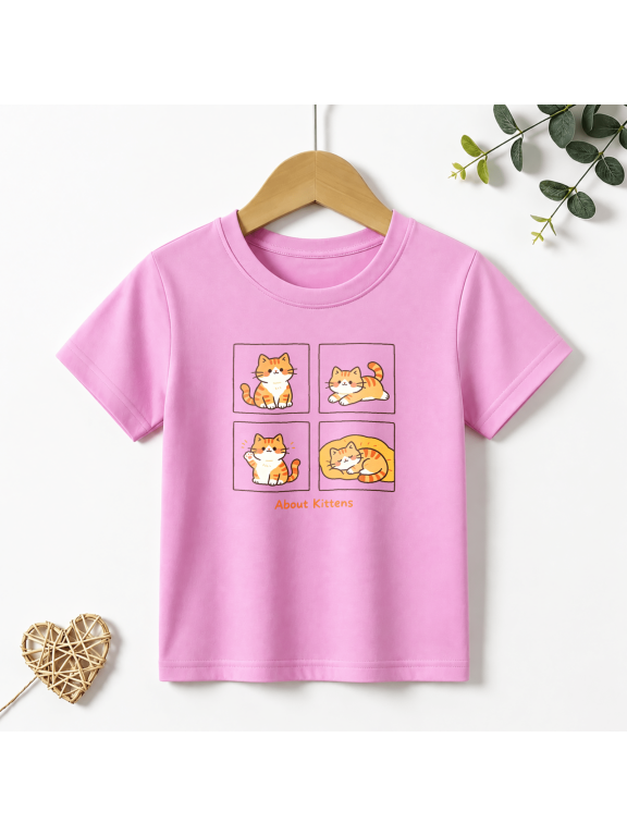 Girls Graphic Tees About Kittens Cat Comic Kids T Shirt Cute 100% Cotton Short Sleeve Soft Tops 4-13Y