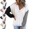 thumbnail image 4 of Sudadera elegante con hombros caídos y bloques de color para mujer - Sudadera con capucha y cuello en V negra XL, 4 of 6
