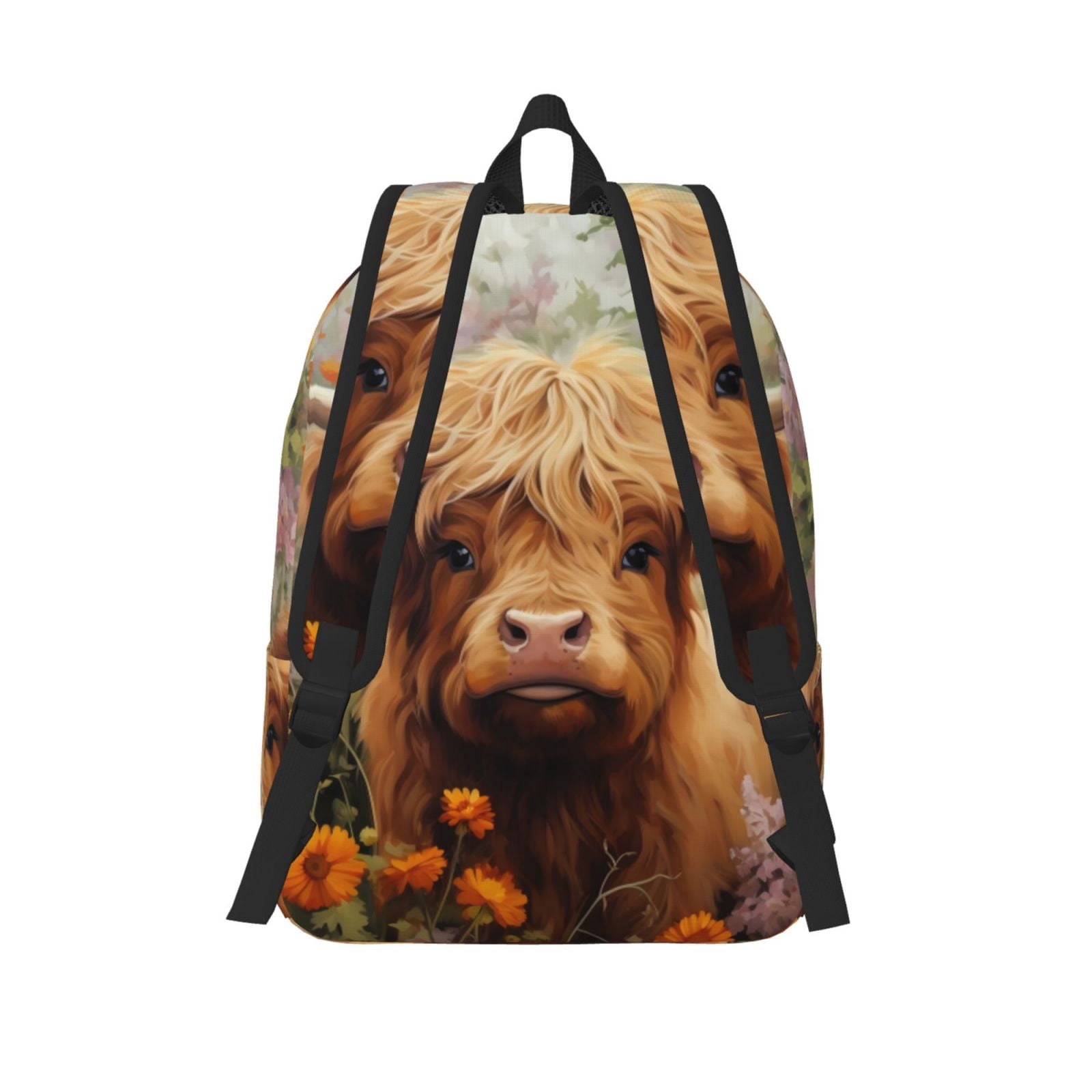 Picia Cute Floral Cow Printed Canvas Daypack - Stylish and Durable Vintage Compact Backpack - Class, Work, Travel, or Laptop Bookbag,Organized Compartments-Medium