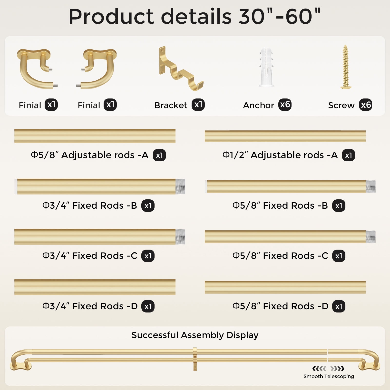 OLV Wrap Around Double Curtain Rods for Window,30-60 inch,Gold