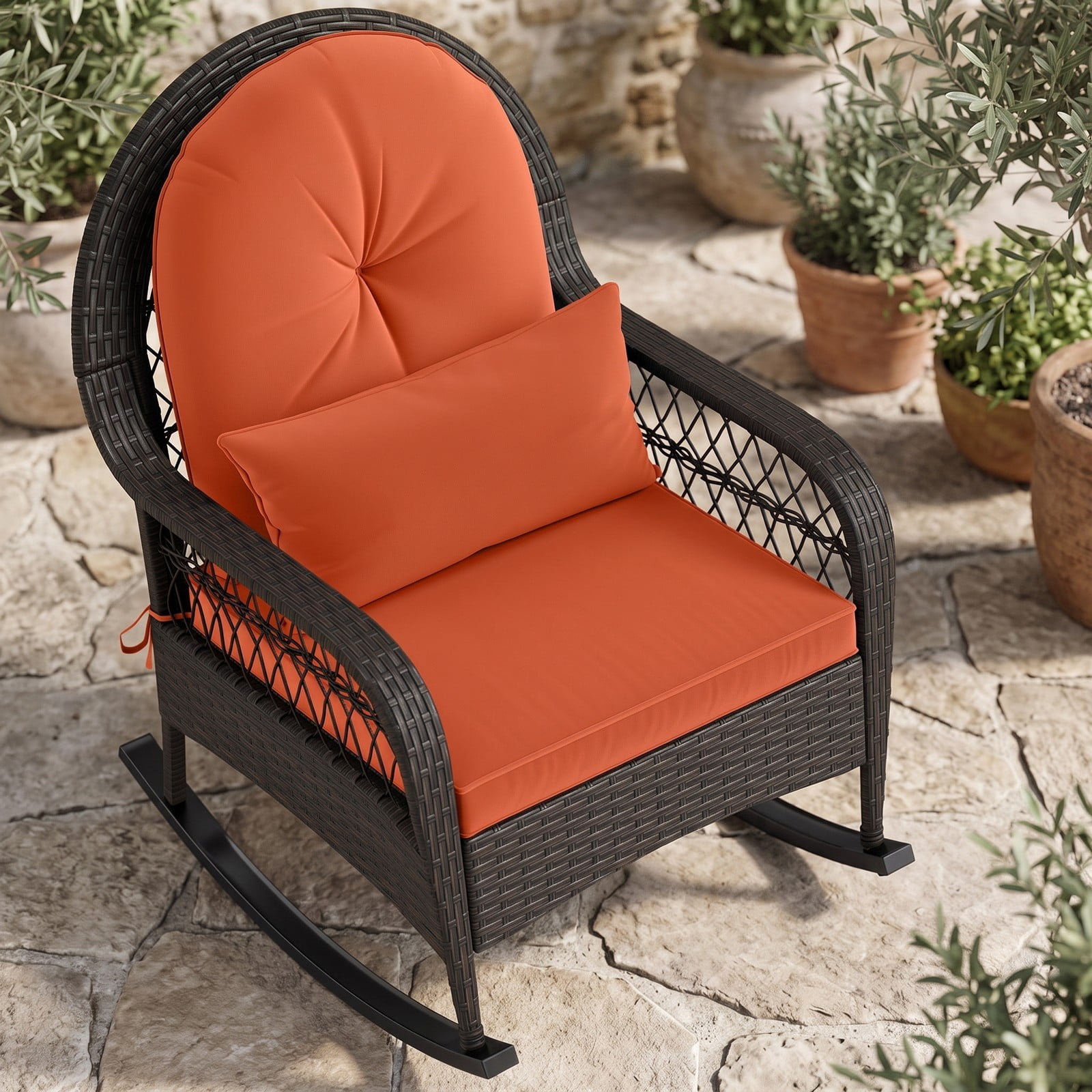 Furnibear Patio Rattan Rocking Chair with Soft Seat, Back Cushions and Waist Pillow for Front Porch, Backyard and Poolside, Red