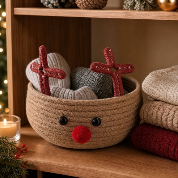 Yaayu Christmas Themed Woven Storage Basket, Large Capacity Cotton Rope Organizer Bin, Household Indoor Tabletop Decorative Supplies, Multicolor