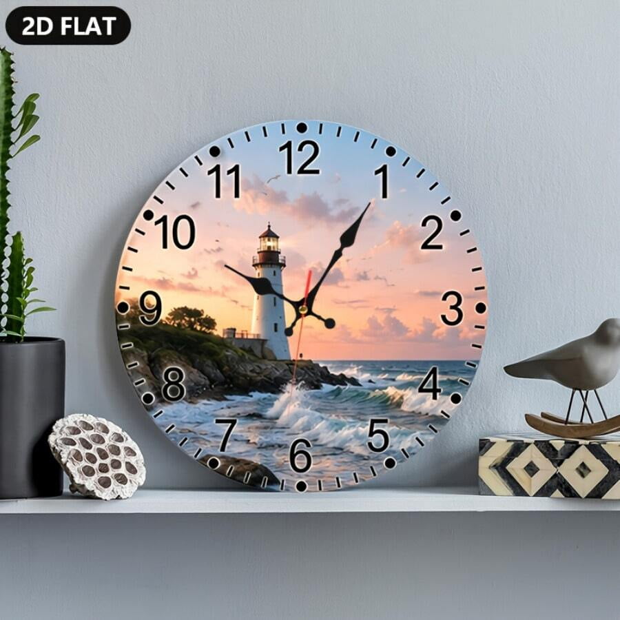 Silent Non-Ticking Round Wall Clock, Coastal Lighthouse Sunset Ocean Wave Wall Clock, Nautical Seaside Scenery Decorative Hanging Quartz Clock for Beach House Living Room Bathroom Decor