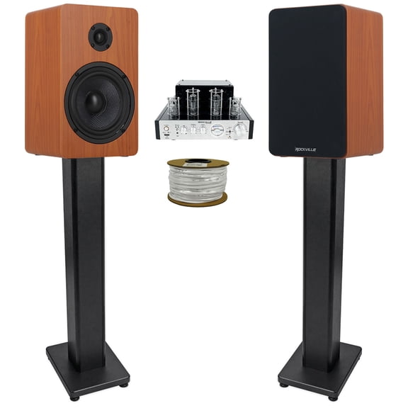 Rockville BluTube Tube Amplifier+5.25" Wood Bookshelf Speakers+36" Wood Stands + Rockville BLUE 14G50 OFC 14 Gauge 50 Foot 100% Copper Speaker Wire