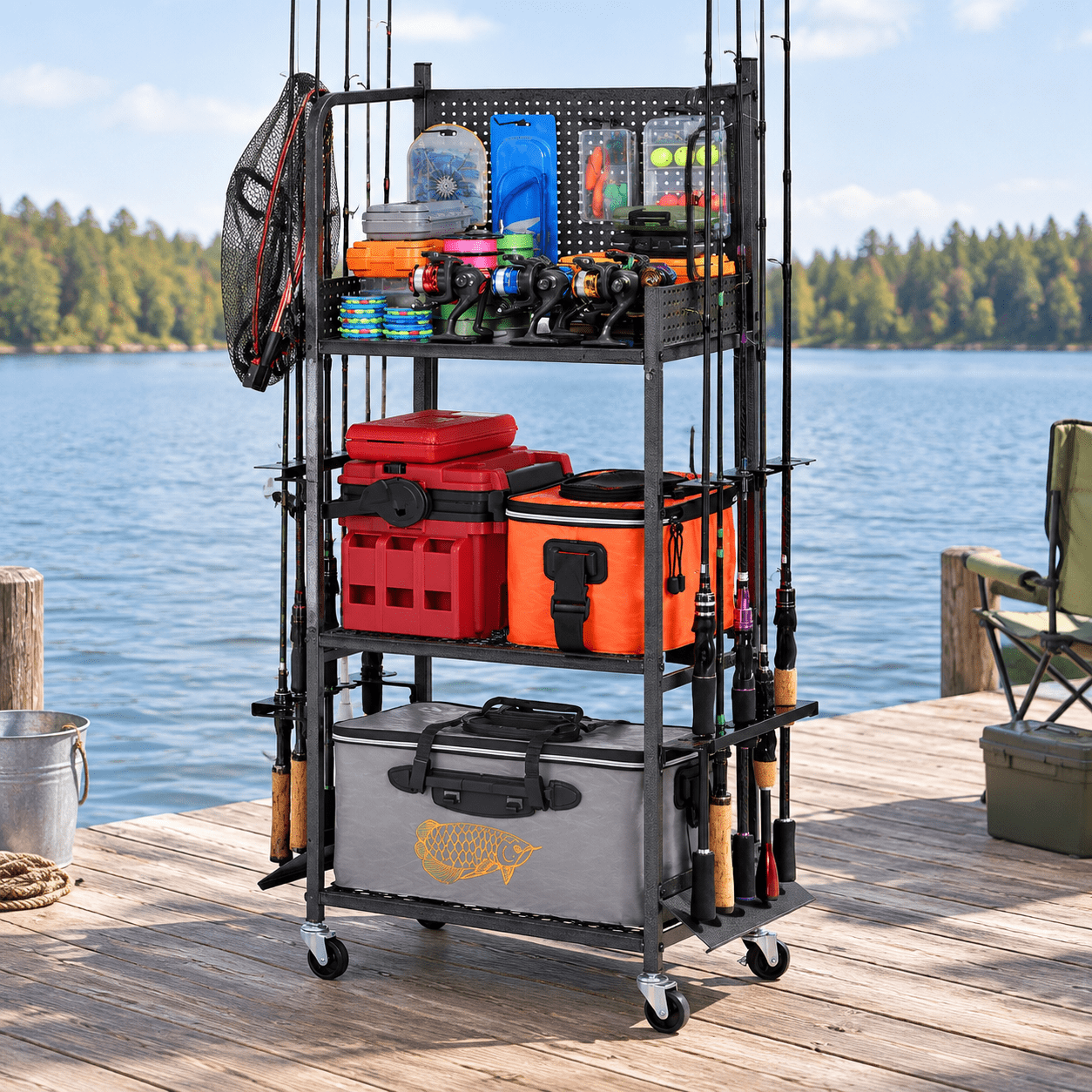 10-Rod Heavy-Duty Steel Fishing Rod Rack with Pegboard and Rolling Casters