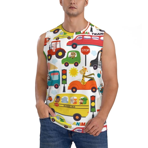 Fotbe Transports with Animals Men's Camiseta sin Mangas Estampada para Hombres, Playera Casual para Gimnasio, Entrenamiento, Playa-XX-Large