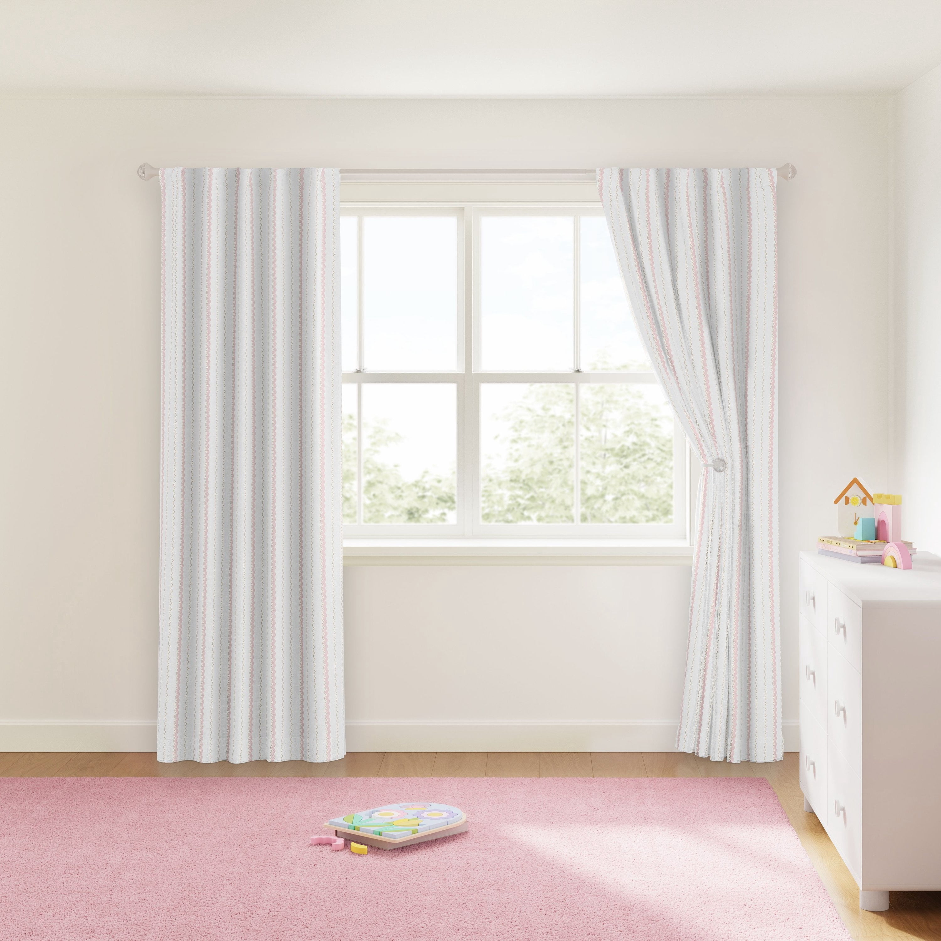 Mainstays Kids White and Pink Scallop Stripe Sheer Overlay Blackout Rod Pocket with Back Tabs Single Curtain Panel, 38" W x 84" L